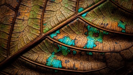 Detailed macro shot of a decaying leaf with striking turquoise patches and intricate veins.