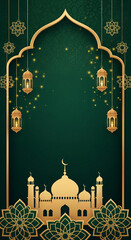 Elegant green and gold Islamic background with mosque silhouette, lanterns, and decorative patterns, perfect for Ramadan or Eid greetings.