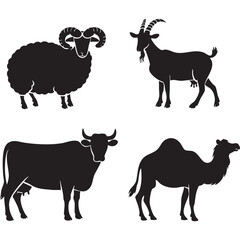 Vector of silhouettes of domestic animals such as dogs, sheep, cows, goats and camels on a white background