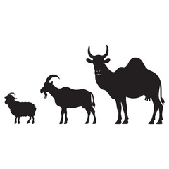 Vector of silhouettes of domestic animals such as dogs, sheep, cows, goats and camels on a white background