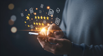 Person interacting with glowing smartphone and digital feedback icons