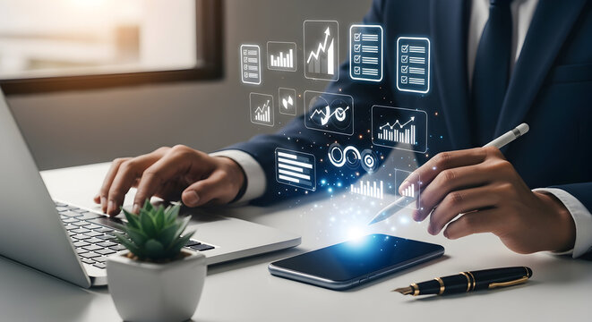Businessman analyzing data on laptop with digital graphs
