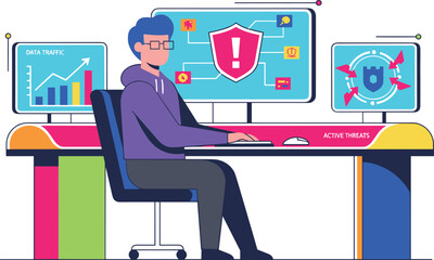 Cybersecurity expert monitoring active threats on multiple monitors