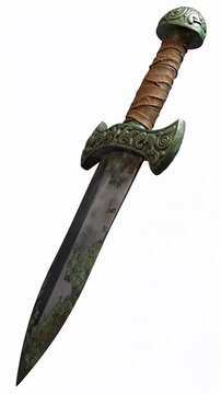 Ancient ornate dagger with bronze handle and sharp blade shown in close-up.
