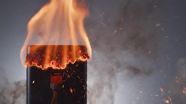 Overheating electronic device with intense flames and explosive sparks