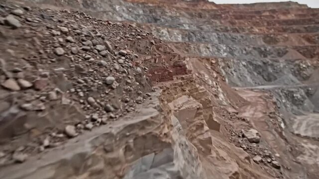 Panoramic view of a large industrial open pit mine showing layered rock formations and extensive excavation