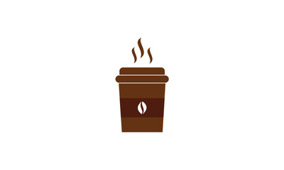 Hot steaming coffee cup with bean logo illustration.