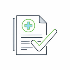 Medical document with green checkmark and blue cross symbol
