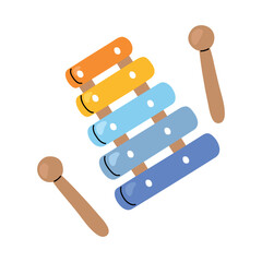 Bright vector xylophone with mallets in a playful children style. Colourful musical instrument illustration without outlines, perfect for kids education, music learning, nursery design and preschool m