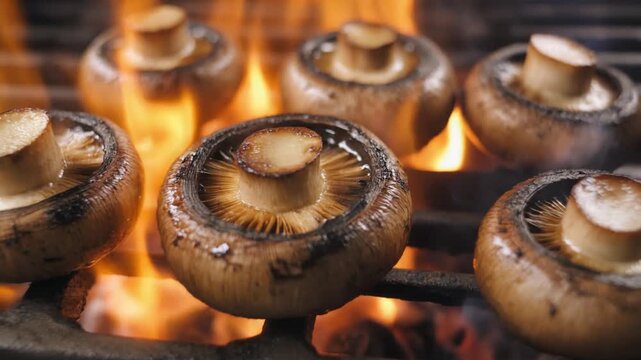 Close-up of whole brown mushrooms grilling over open flames on a barbecue grate, showing char marks and vibrant fire.
