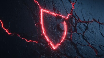 Close-up of dark cracked surface with glowing red shield emblem embedded within the fractures. Abstract and mysterious