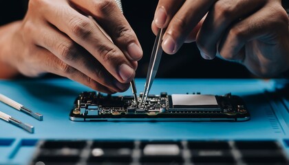 Close-up of male hands tightening tiny screws on a smartphone motherboard, precision repair work on electronic components, professional mobile device maintenance and technology service concept.