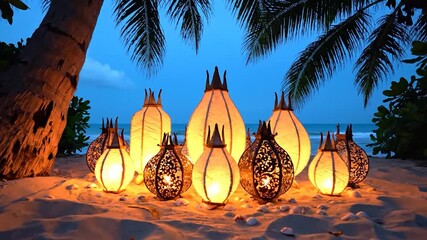 Beach Lanterns at Dusk - A Tropical Paradise Ambiance.