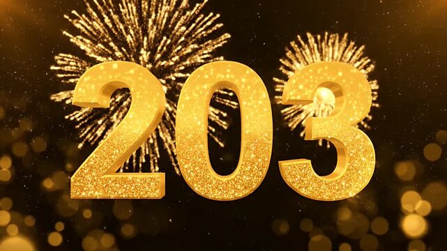 Golden number 203 with festive fireworks and sparkling lights