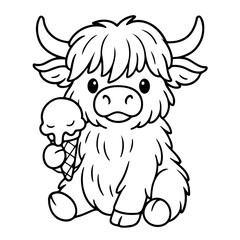 Highland Cow with Ice Cream: A charming illustration depicts a fluffy highland cow, seated and holding a delightful ice cream cone, a sweet treat for a sunny day.