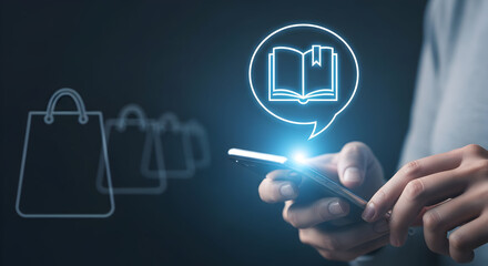 Person using smartphone with e-book and shopping bag icons glowing