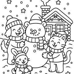 Fototapeta premium Winter Wonderland Companions: A heartwarming scene unfolds as a snowman, dog, cat, and bunny come together for an unforgettable winter season.
