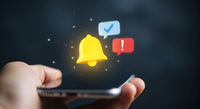 Hand holding smartphone with notification icons and glowing bell - Powered by Adobe
