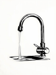 A black and white illustration of a faucet with water flowing into a sink, highlighting the mechanics of plumbing and water distribution in a household setting