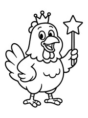 Fototapeta premium Cartoon Hen with Crown and Star Wand: A cartoon hen, adorned with a regal crown and wielding a star wand, exuding a playful and whimsical vibe.