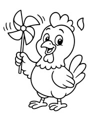 Fototapeta premium Whimsical Chicken and Pinwheel: A cheerful cartoon chicken, holding a pinwheel, radiates joy and a playful spirit. It's a whimsical depiction of innocence, happiness, and springtime fun.