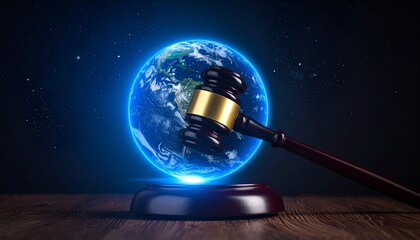 Gavel resting on wooden block with illuminated Earth globe background dark space theme