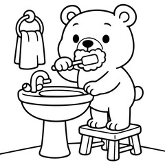 Cute Bear Brushing Teeth: A charming cartoon bear stands on a stool, diligently brushing its teeth in a bathroom setting, promoting good hygiene habits. 
