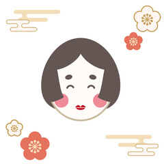 節分や春に使えるお多福と梅、霞模様のイラスト素材