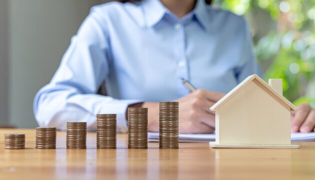 Investing in Dreams: A person charts a course toward prosperity. Stacks of coins representing financial growth, paired with a miniature house symbolizing the realization of homeownership.