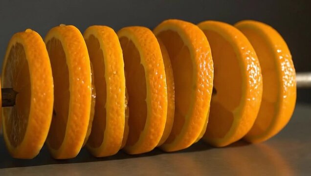 Close up of sliced oranges on a skewer in a row.