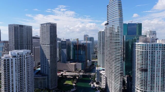 Aerial view of Miami cityscape skyscraper. City skyline aerial cityscape. Brickell Key downtown, 4k. Cityscape of Miami downtown. Florida modern skyscraper in downtown Miami. Aerial view