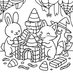 Halloween Forest Friends: A charming black and white illustration of adorable woodland creatures engaged in constructing a candy-themed castle, evokes the spirit of Halloween and playful imagination.