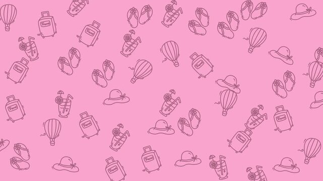 Seamless holiday pink background with summer items for designs. Ideal for stationery, social media, and vacationthemed projects.