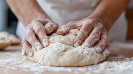 Two hands kneading soft, flour-dusted dough on a wooden surface, emphasizing the tactile and intimate connection between the baker and the process of creating fresh bread.
