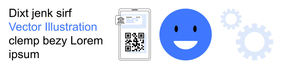 Fototapeta premium Transaction processing, digital identity, automation, user interface, QR code technologies, web development. A device screen shows a QR code with gear and smile icons. QR code technologies