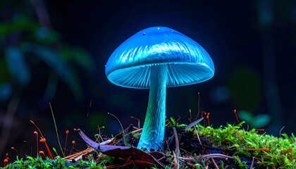Glowing blue mushroom in dark forest