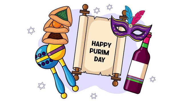 Animated Happy Purim Day Icon Set with Megillah Hamantaschen Mask Wine and Gragger