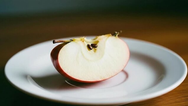 A single slice of red apple on a white plate with a wooden background.
