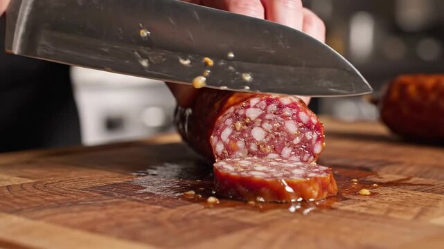 Close-up of a chef's hand slicing gourmet dry salami sausage on a rustic wooden cutting board in a kitchen setting.