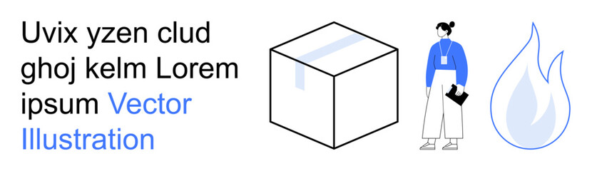 Logistics, workplace safety, risk management, delivery services, business solutions, corporate concepts. A box, a flame and a person holding a clipboard. Logistics and workplace safety concepts