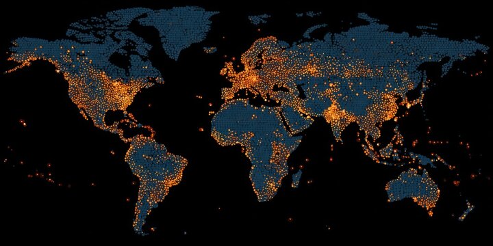 World map at night illuminated with lights showing population centers