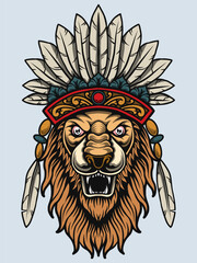Majestic Lion Head with Indian Feathered Headdress