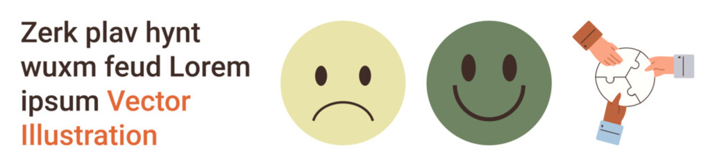 Emotional well-being, teamwork, problem-solving, collaboration, emotions, psychology. Sad and happy face icons and team hands assembling a puzzle. Emotional well-being and teamwork concept