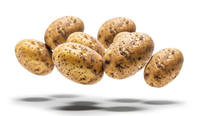 Fototapeta premium Realistic potatoes floating in mid-air with earthy skin texture and soft natural shadows, captured in clean studio lighting and isolated on a pure white background.