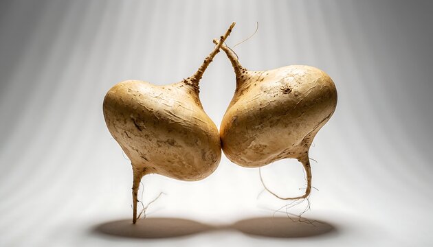 Jicama roots floating in the air with smooth beige skin and soft shadow below, captured in clean white studio lighting with realistic natural texture and detail.