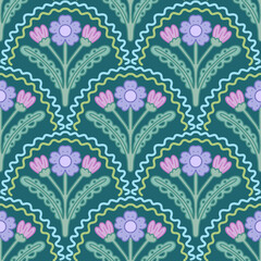 Hand Drawn Seamless Floral Ornament Pattern in Teal and Purple