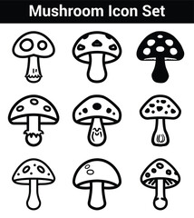 Line Art Illustration Mushroom Icon Set Featuring Different Styles, Shapes, and Cap Decorations on White Background