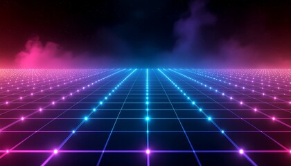 Retro 80s Synthwave Neon Grid Landscape Background