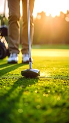 Close-up of golfer about to hit ball on sunny golf course