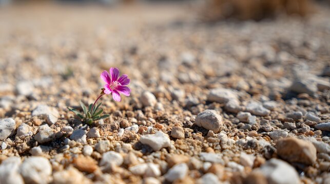 A Lone Pink Wildflower Blooms in a Dry, Rocky Desert Landscape.